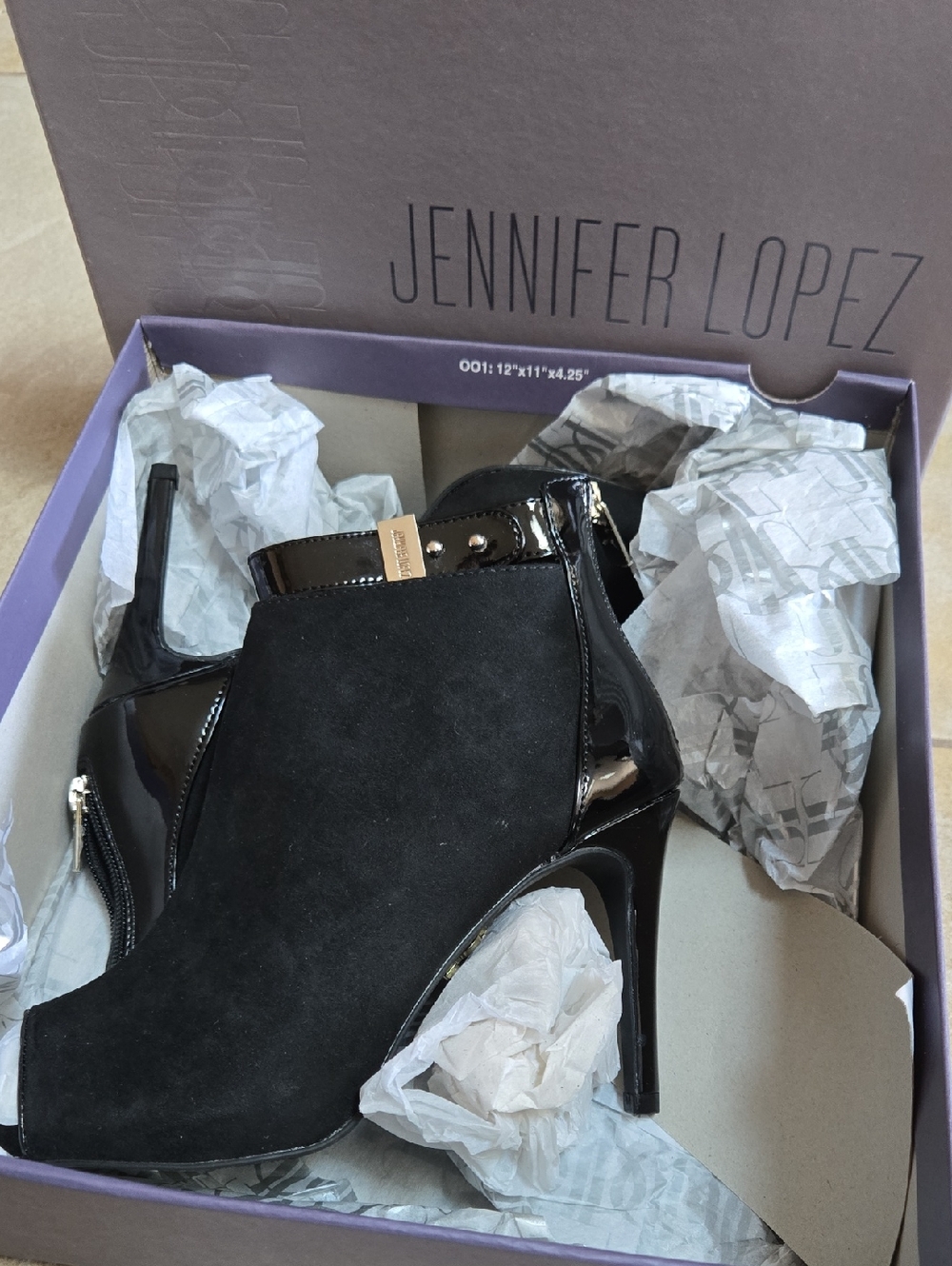 Jennifer Lopez Black Suede & Patent Leather Peep-Toe Ankle Booties
